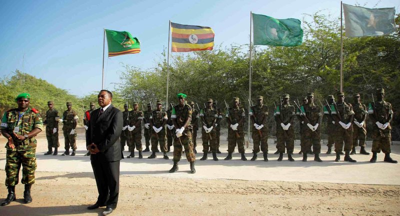 SRSG Mahiga, head of UNPOS, addresses troops and officers from the African Union Mission in Somalia (AMISOM) following his arrival in Mogadishu. UN Photo/Stuart Price 